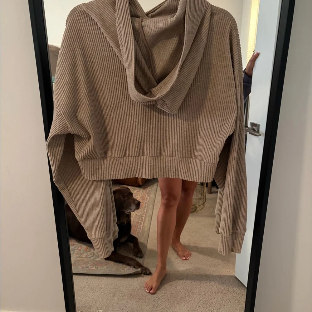 Women’s Hooded Rib-Knit Cropped Sweater in Taupe